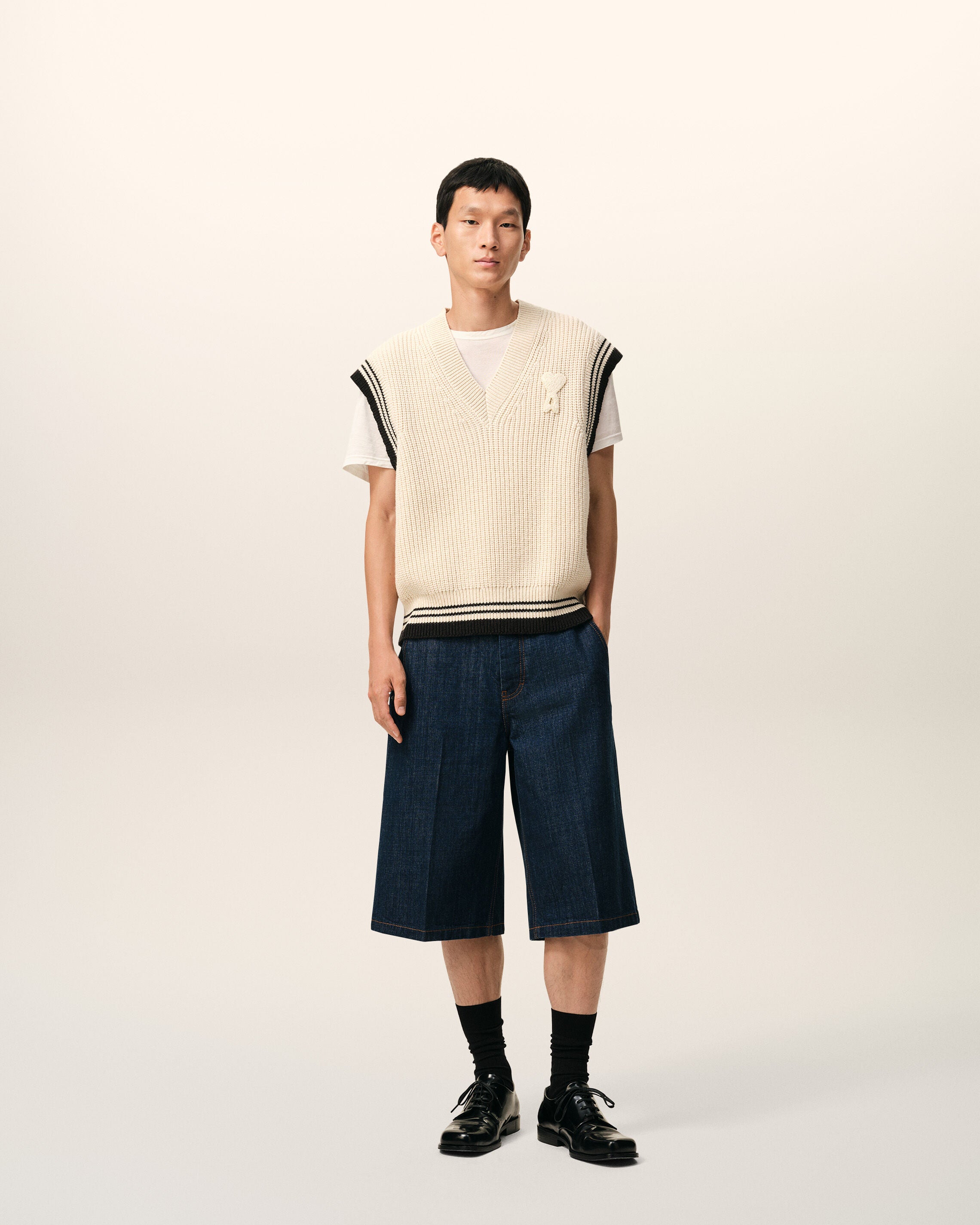 WHITE CREAM White Ribbed Wool Sleeveless Ami De Coeur Sweater | Ami Paris
